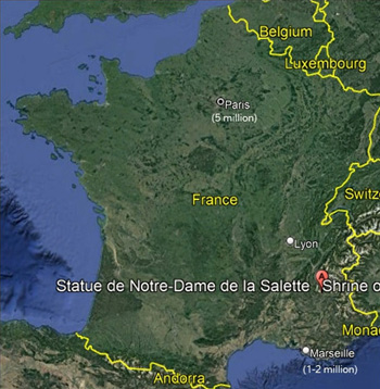 A map of France with the location of Our Lady of La Salette